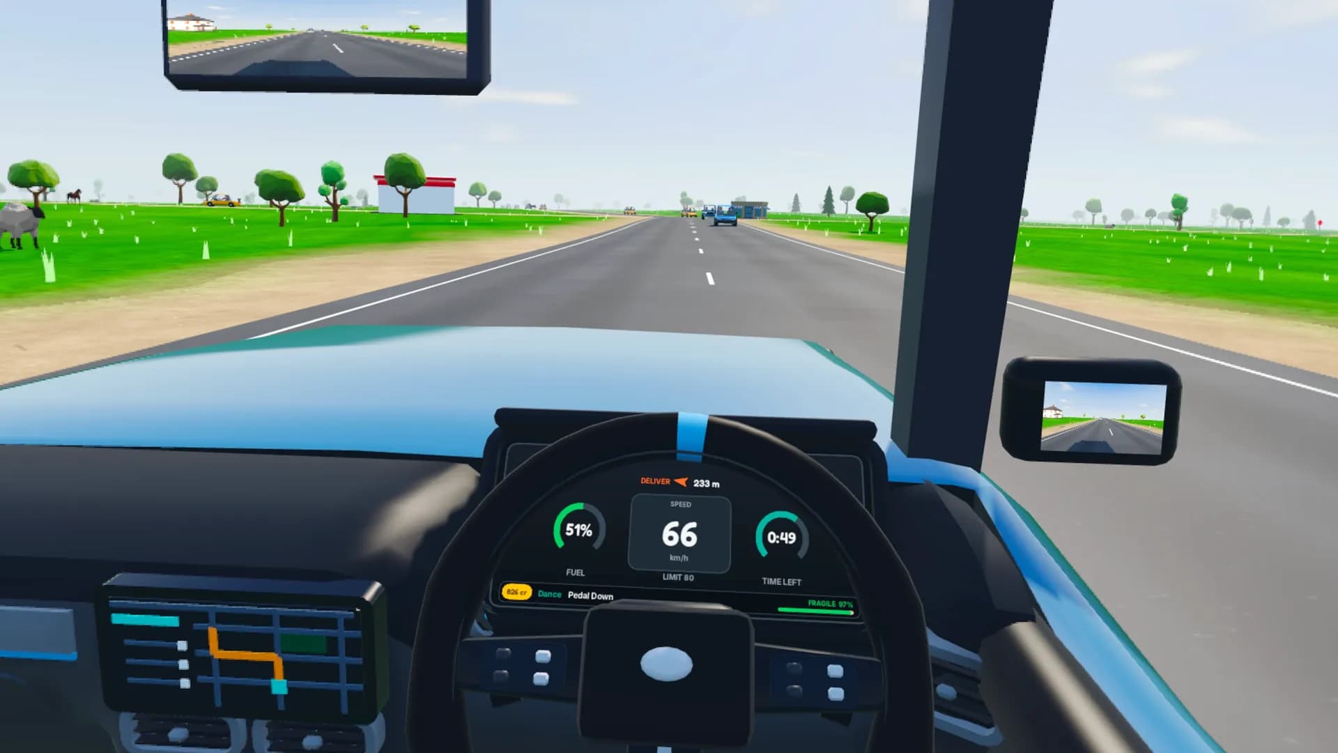 Cockpit view with speed, fuel and delivery timer on the wheel