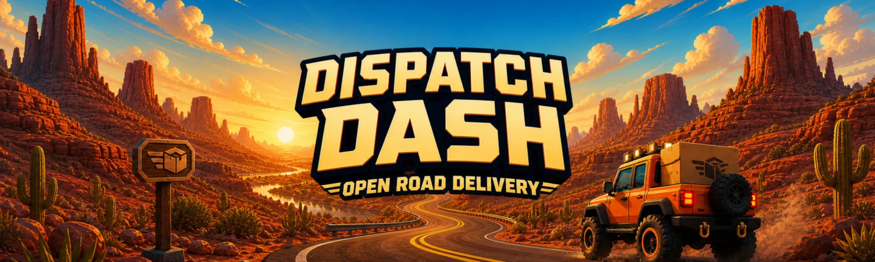 Dispatch Dash: Open Road Delivery key art — an orange delivery truck on a canyon road at sunset