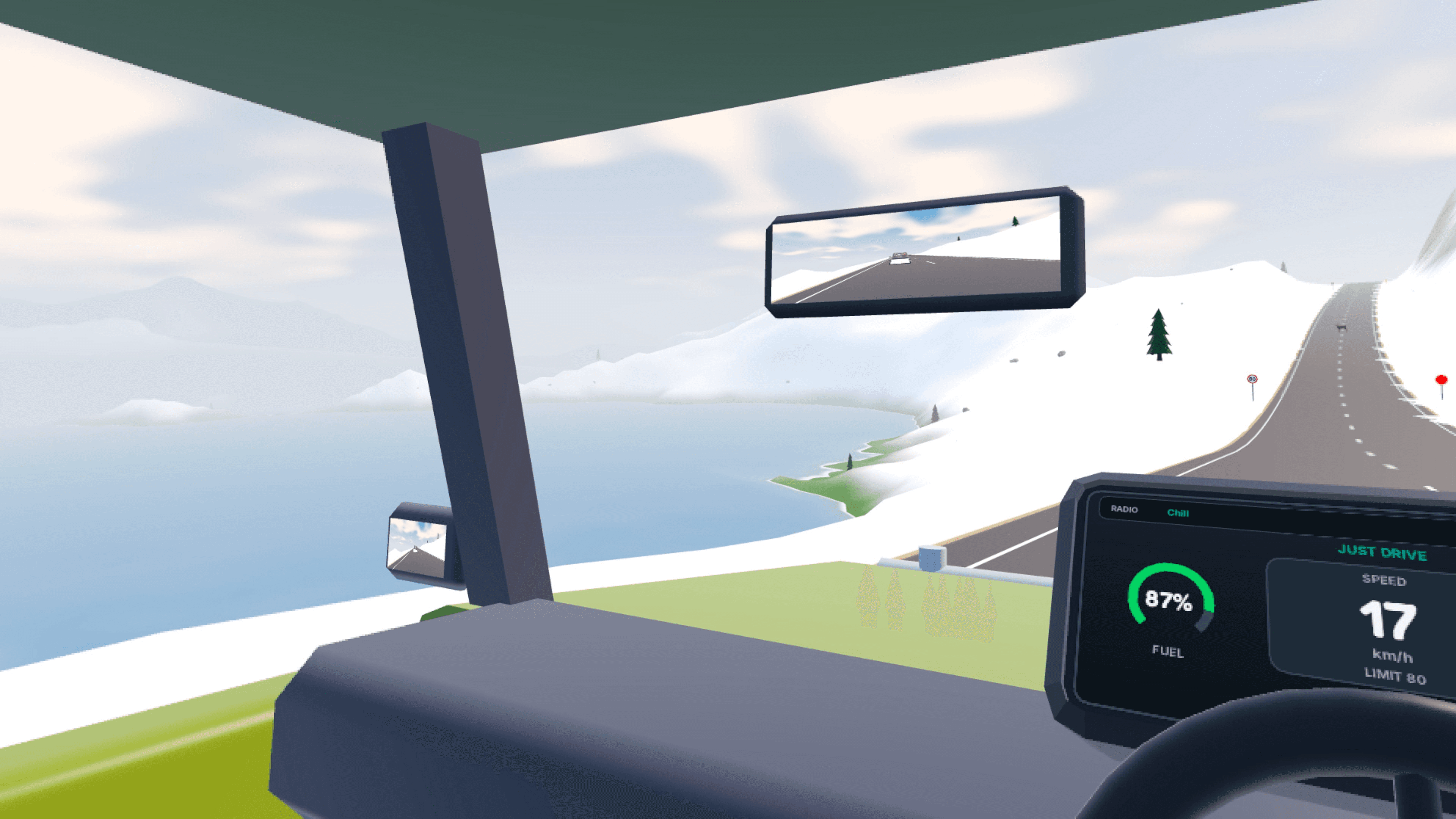 View from a Dispatch Dash delivery truck driving beside a snowy mountain lake