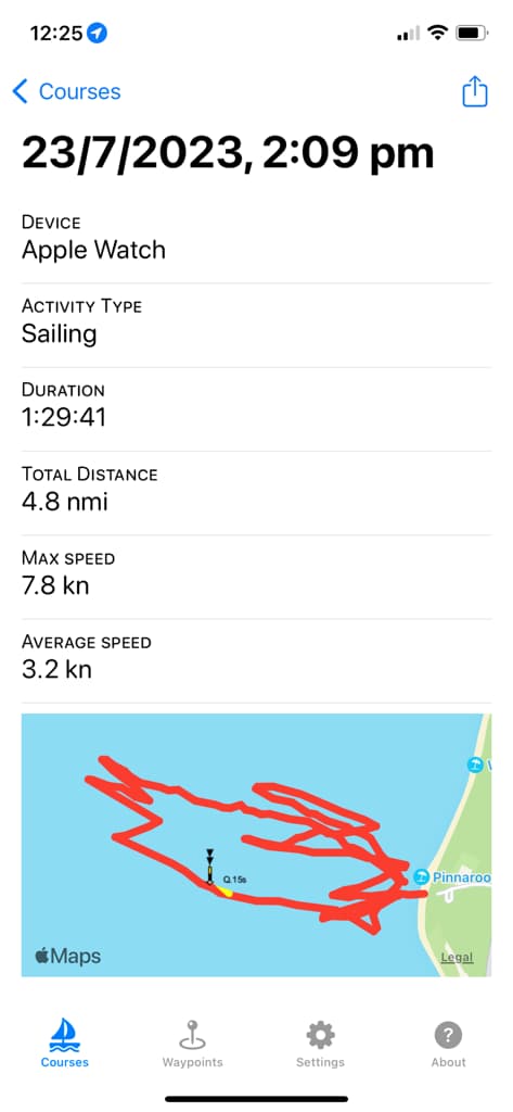 Recorded sailing activity with route, distance and speed statistics